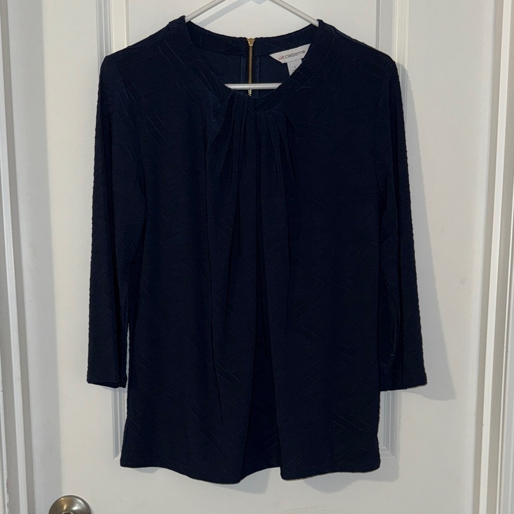 Liz Claiborne Dark Blue, Pleated Neckline Blouse, Size Large